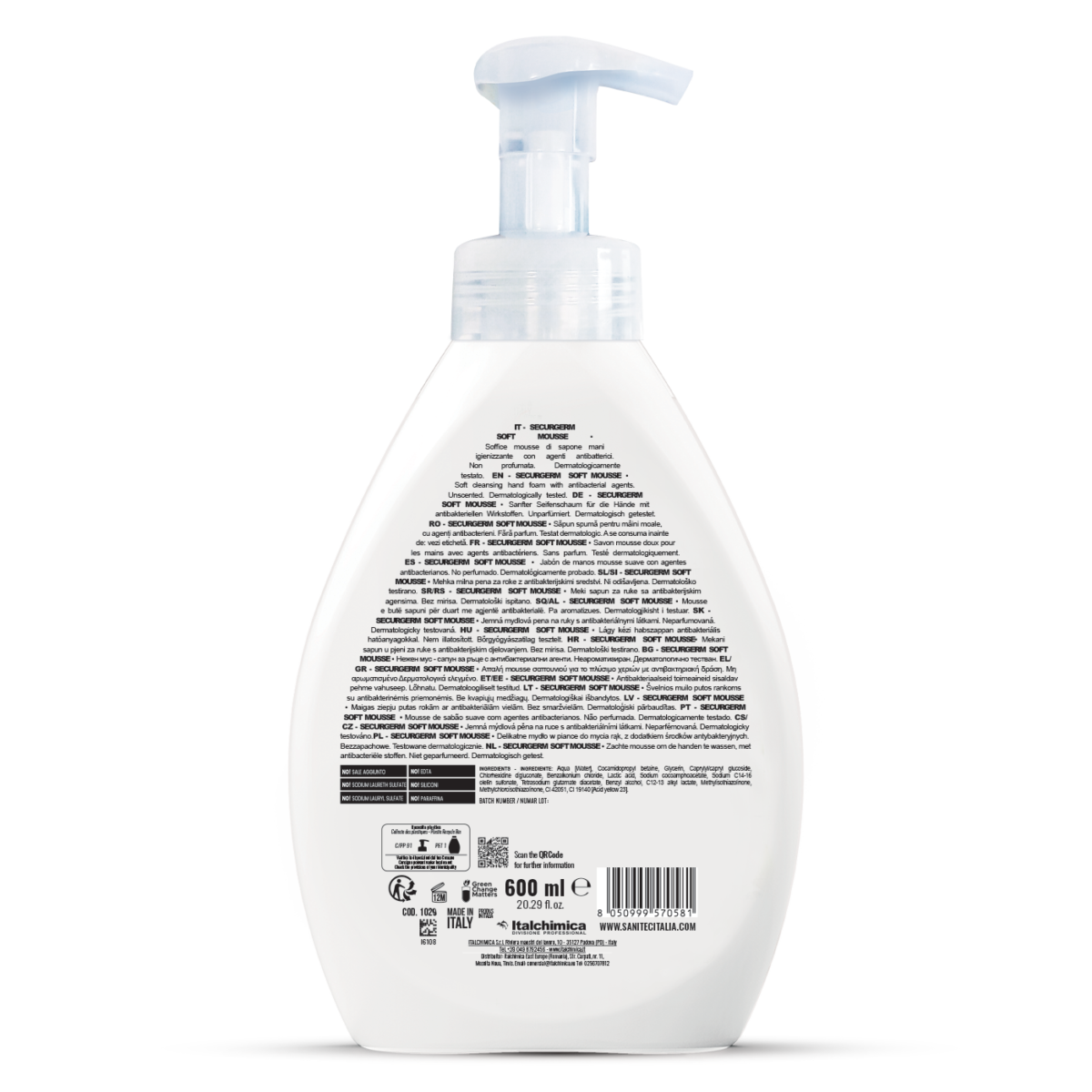 Securgerm Soft Mousse SANITEC – retro flacone con ingredienti