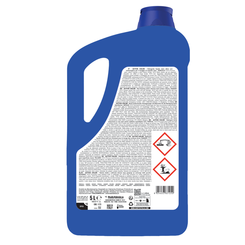 Retro flacone Active Chlor SANITEC con ingredienti e modalità d'uso 5lt