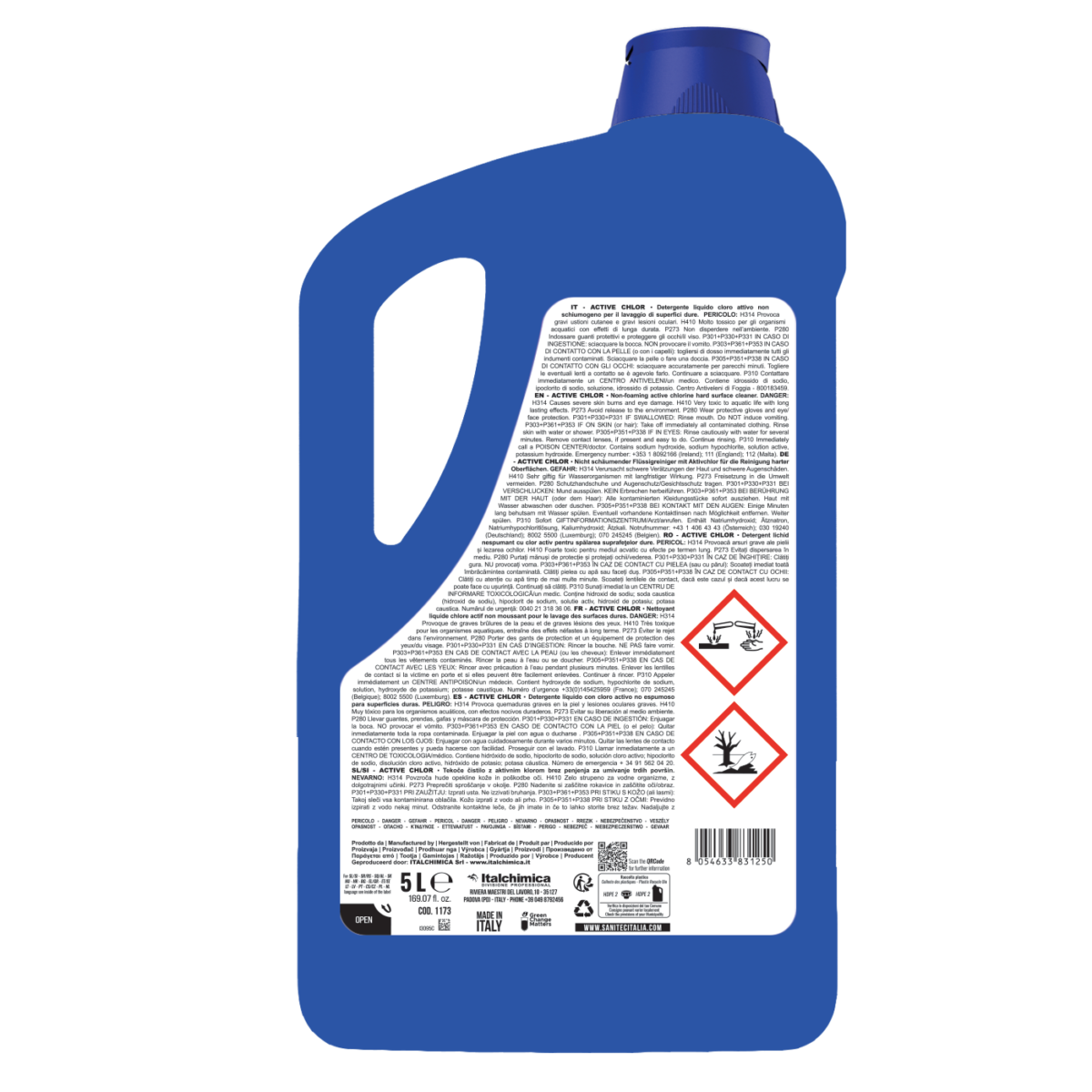 Retro flacone Active Chlor SANITEC con ingredienti e modalità d'uso 5lt