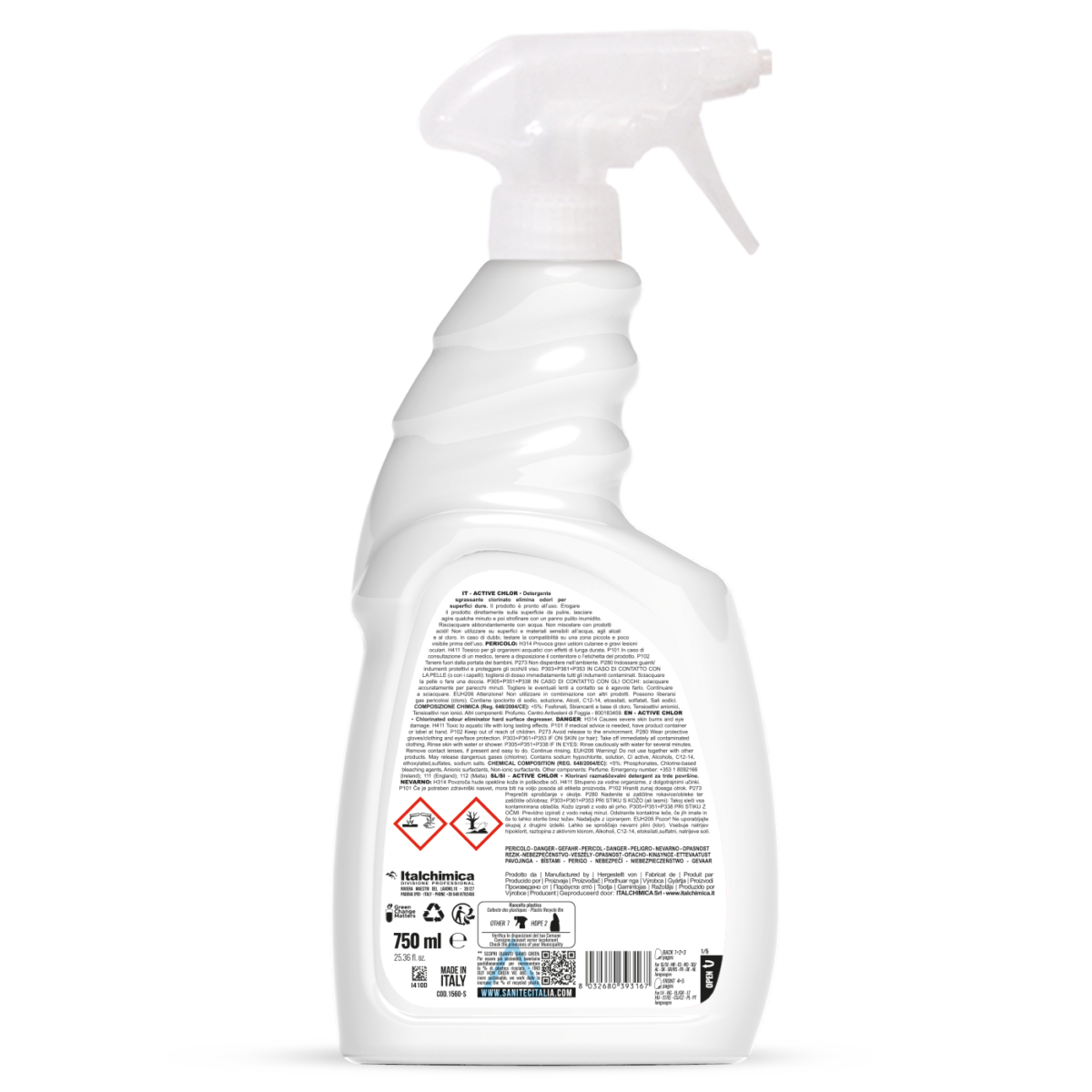 Retro flacone Active Chlor SANITEC con ingredienti e modalità d'uso 750ml