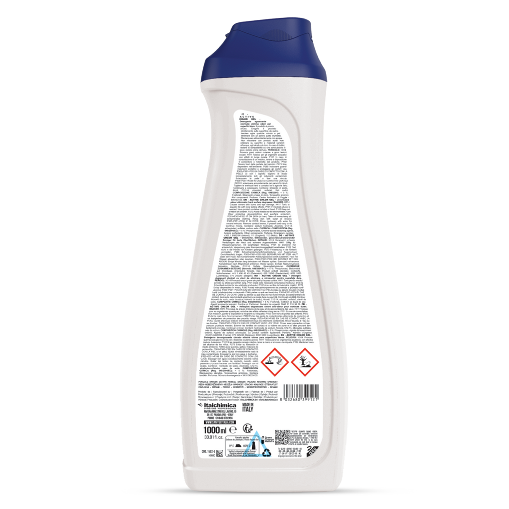 Retro flacone Active Chlor SANITEC con ingredienti e modalità d'uso 1lt