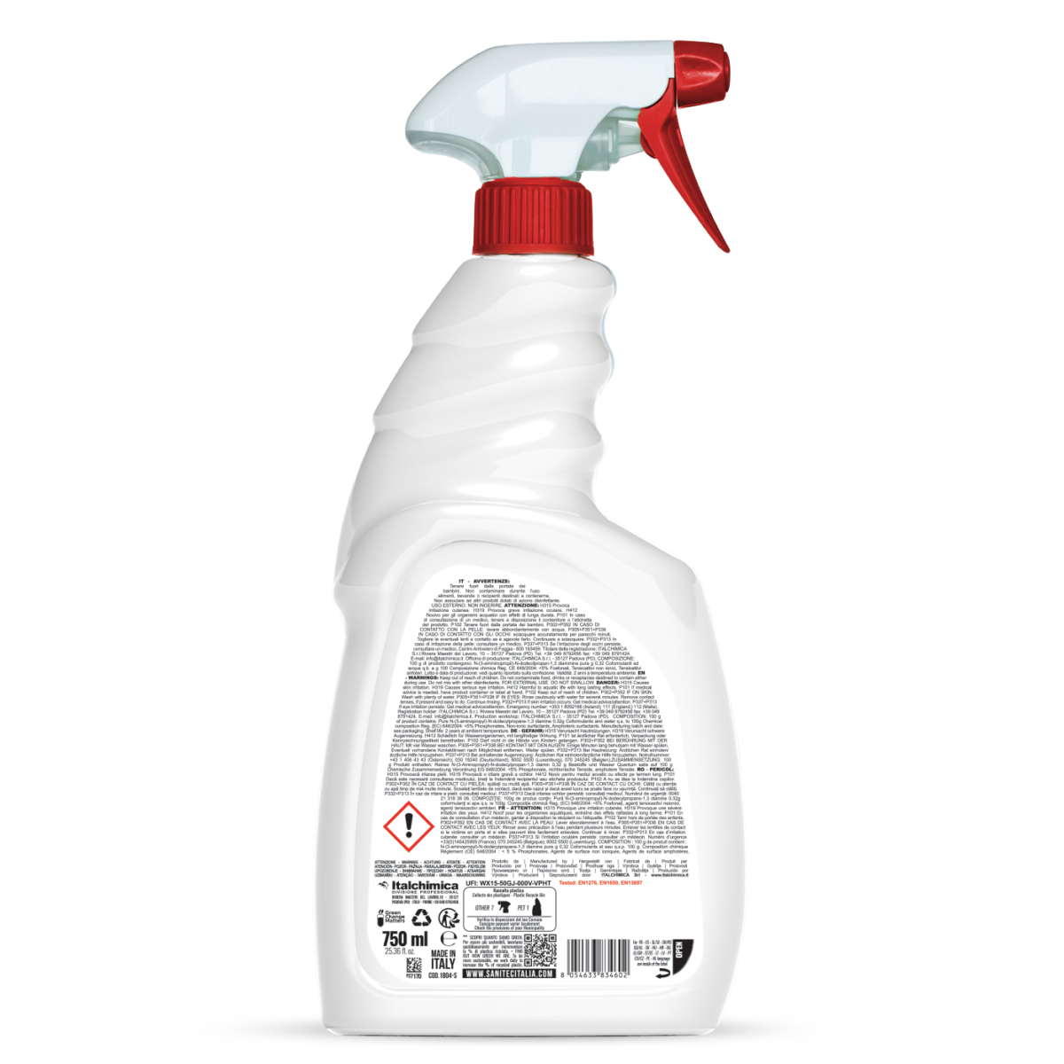 Retro flacone Sani Active SANITEC con ingredienti e modalità d'uso professionale