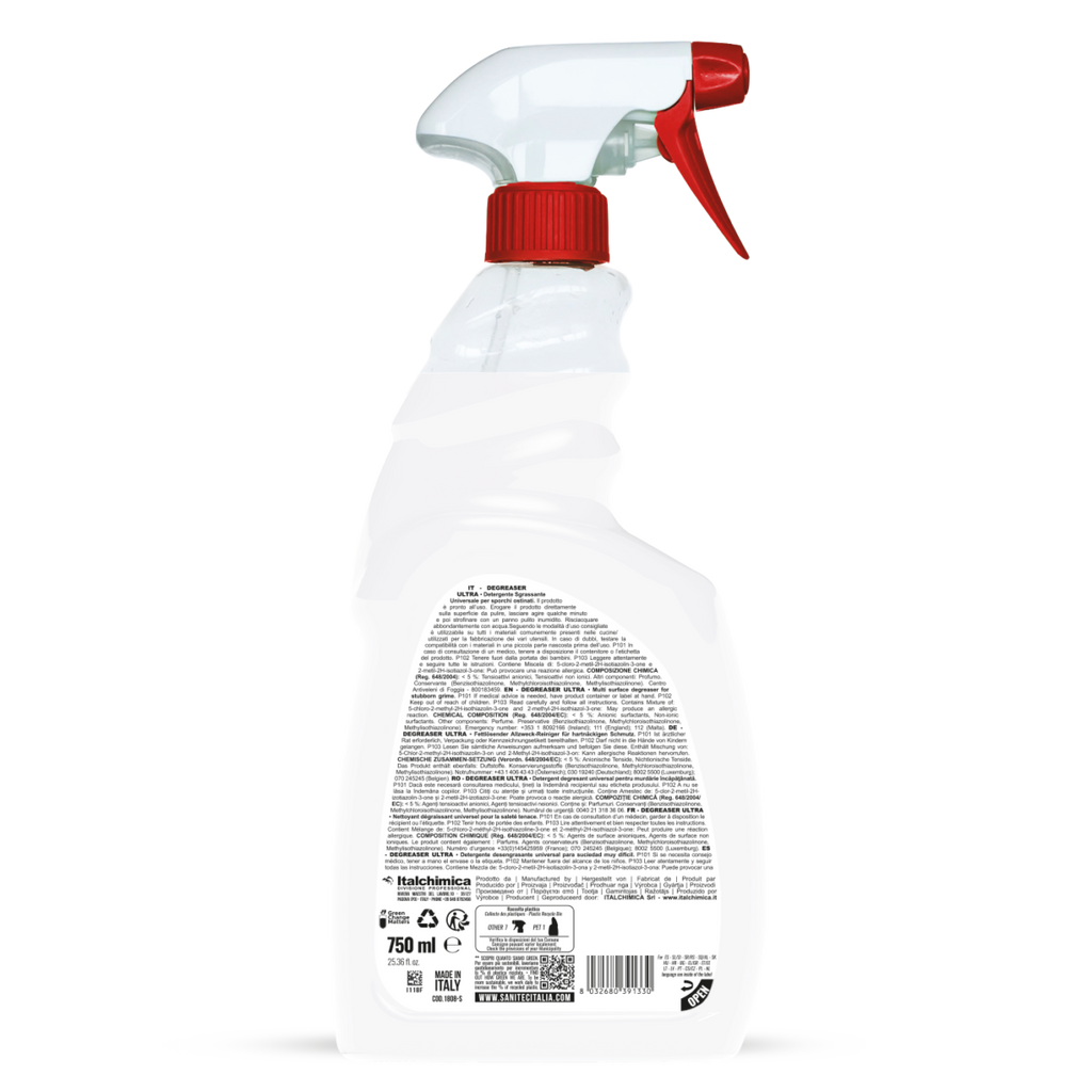 Retro flacone sgrassatore SANITEC con ingredienti e modalità d'uso MARSIGLIA 750ML