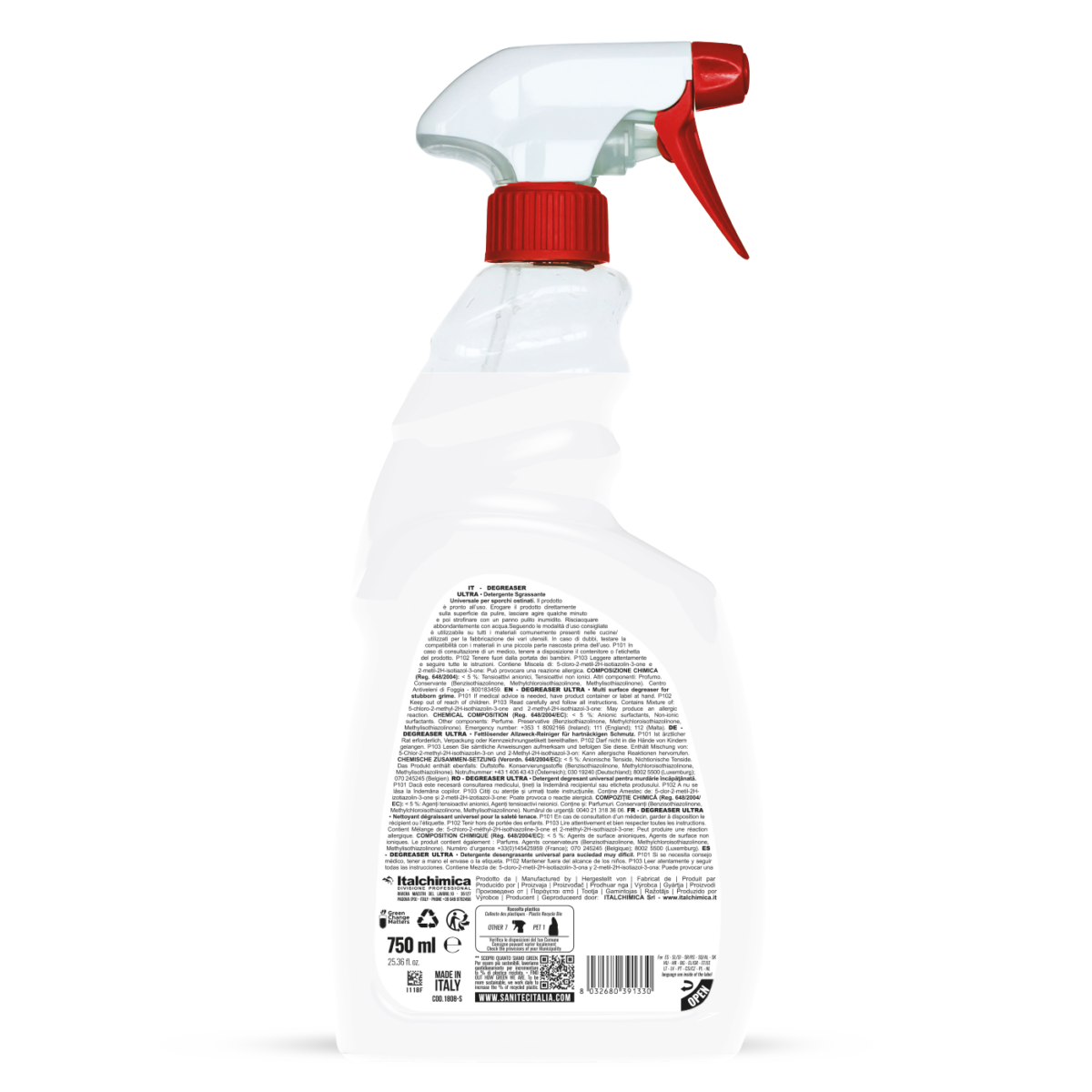 Retro flacone sgrassatore SANITEC con ingredienti e modalità d'uso MARSIGLIA 750ML