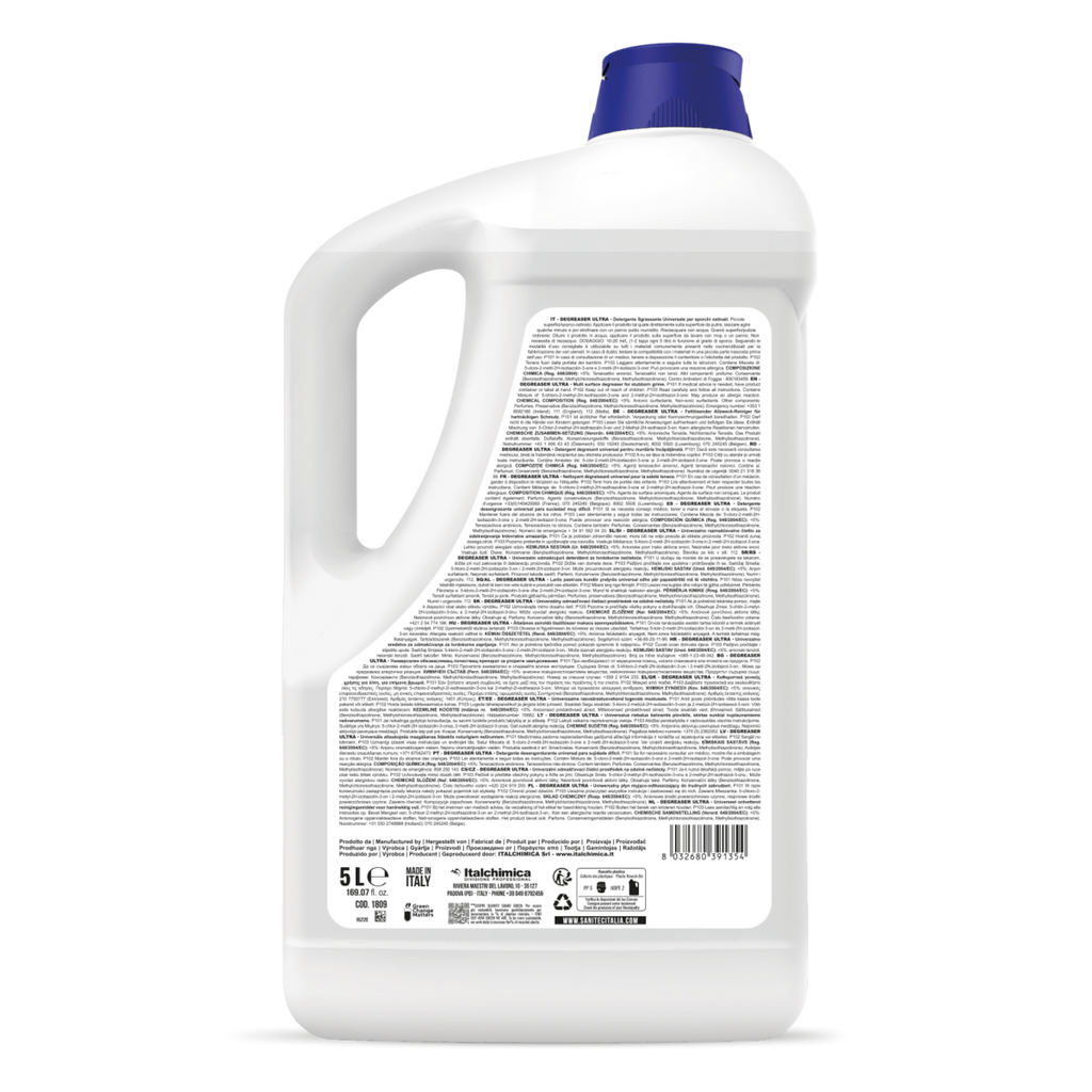 Retro flacone sgrassatore SANITEC con ingredienti e modalità d'uso MARSIGLIA 5LT