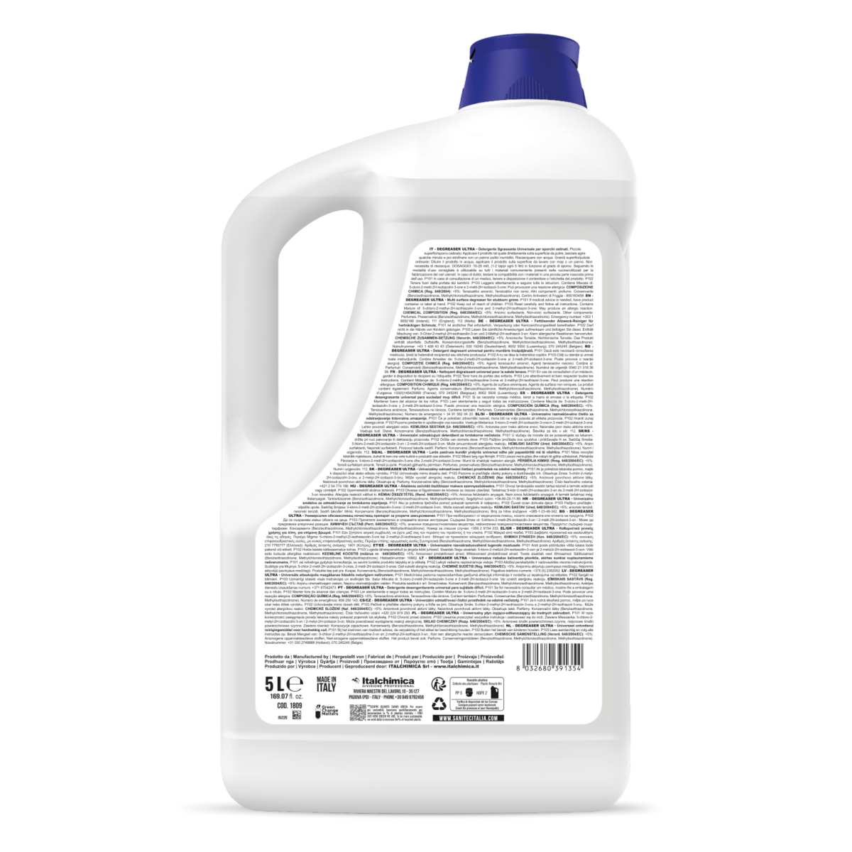 Retro flacone sgrassatore SANITEC con ingredienti e modalità d'uso MARSIGLIA 5LT