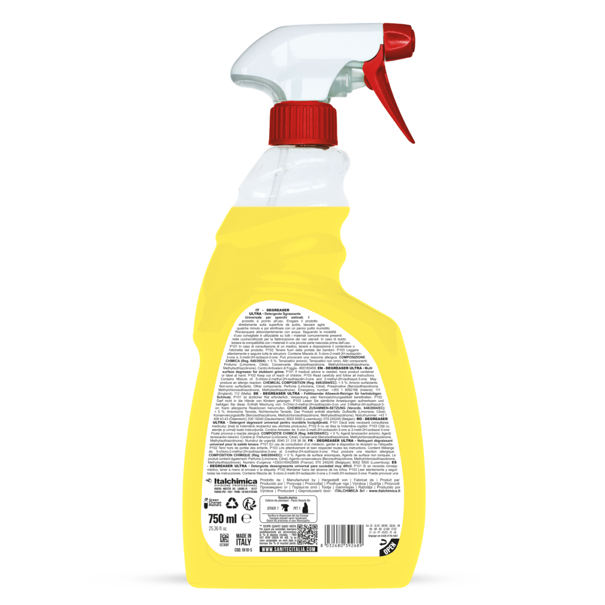 Retro flacone sgrassatore SANITEC con ingredienti e modalità d'uso LIMONE 750ML