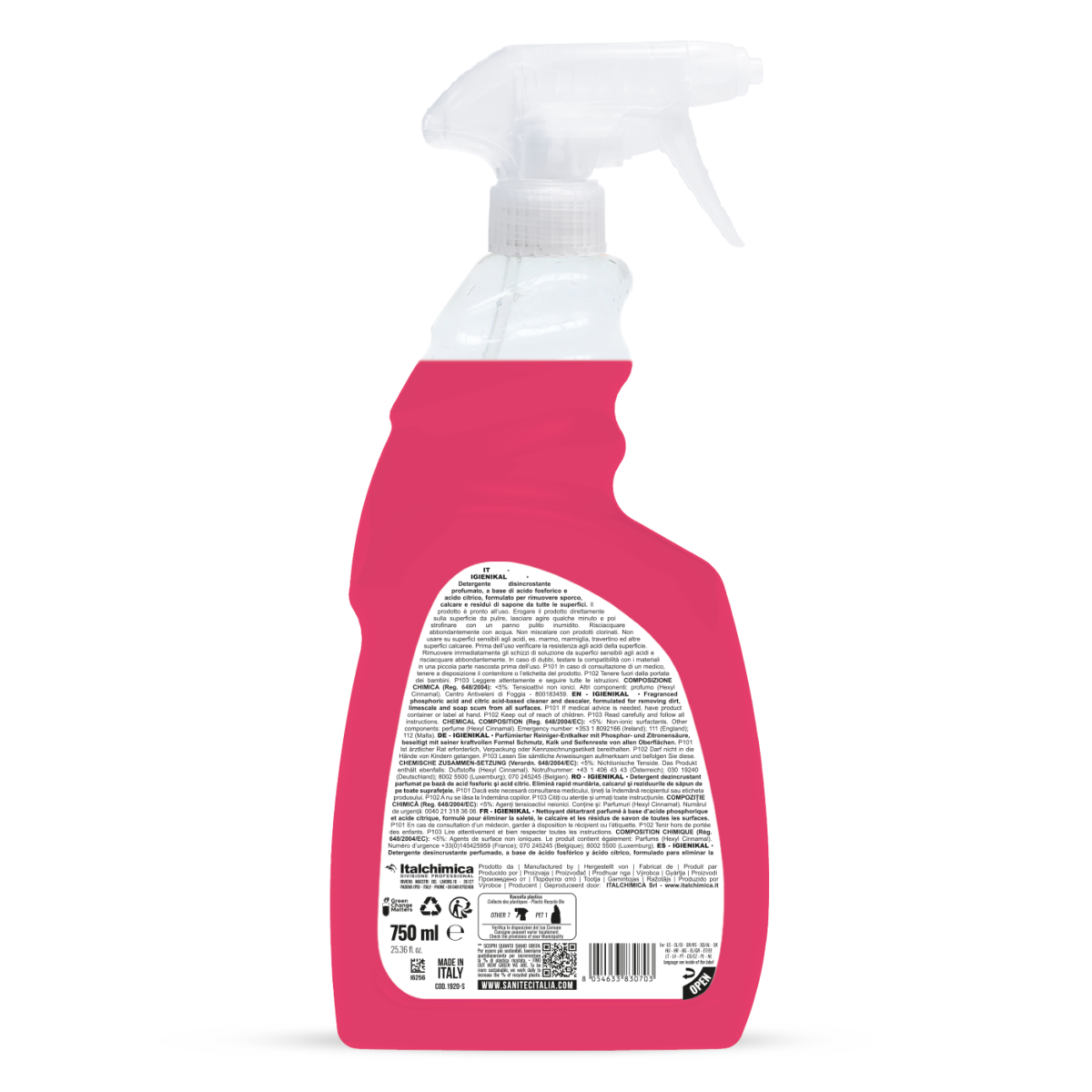 Retro flacone Igienikal SANITEC con ingredienti e modalità d'uso ORCHIDEA