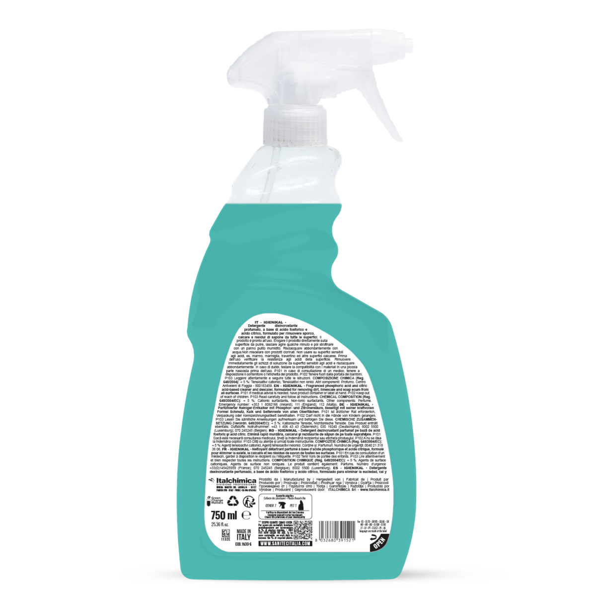 Retro flacone Igienikal SANITEC con ingredienti e modalità d'uso FRESH 750ML