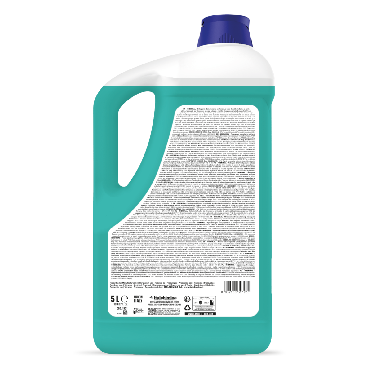 Retro flacone Igienikal SANITEC con ingredienti e modalità d'uso FRESH 5LT