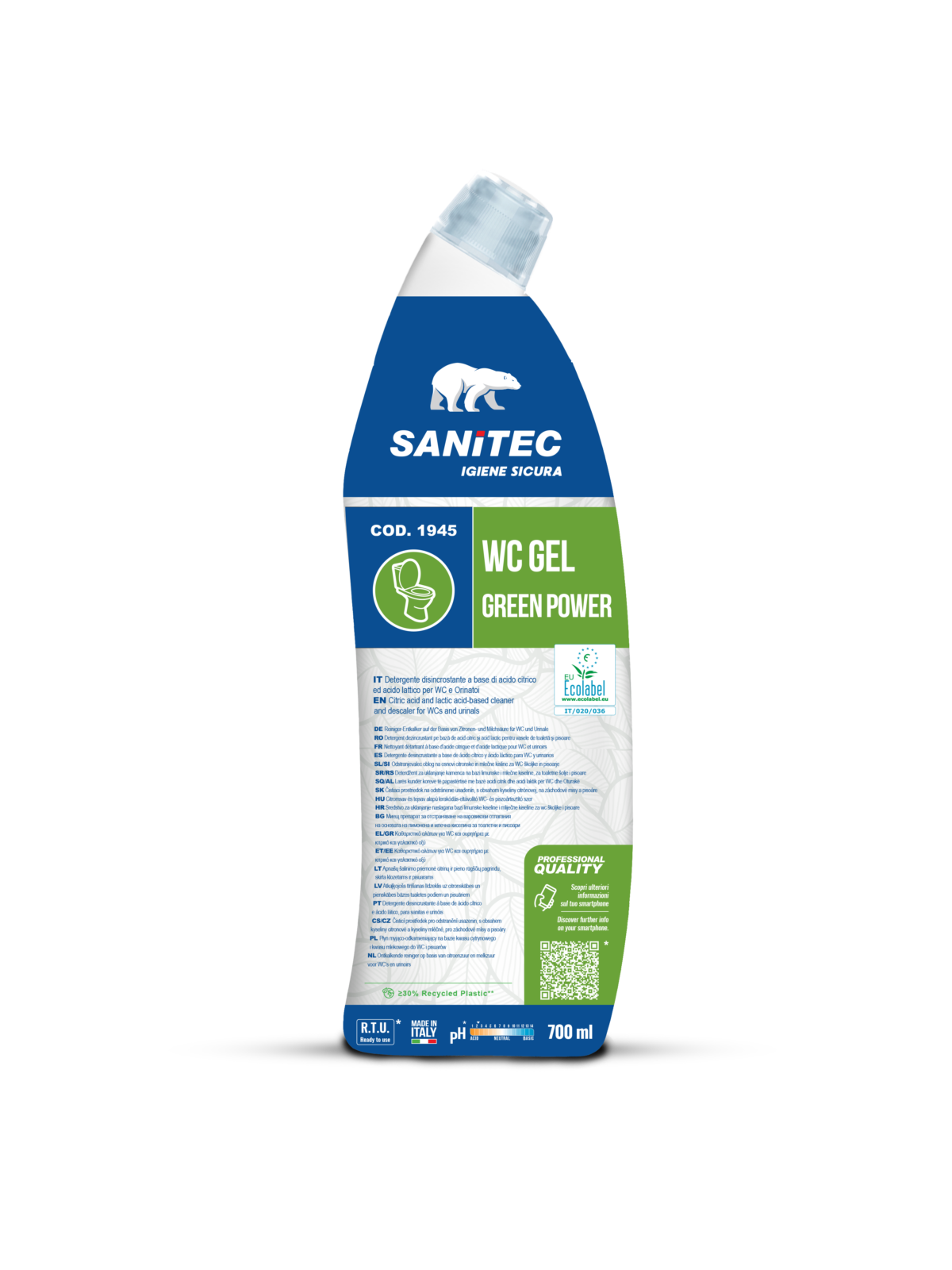 WC GEL SANITEC disincrostante acido GREEN POWER WC GEL - flacone 750ml con tappo dosatore ECOLABEL