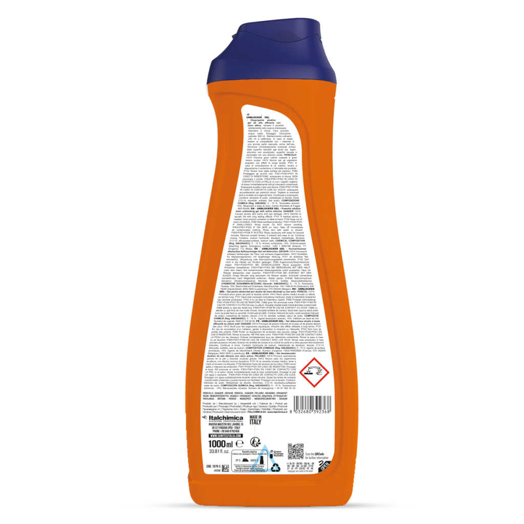 Retro flacone Unblocker Gel SANITEC con ingredienti e modalità d'uso