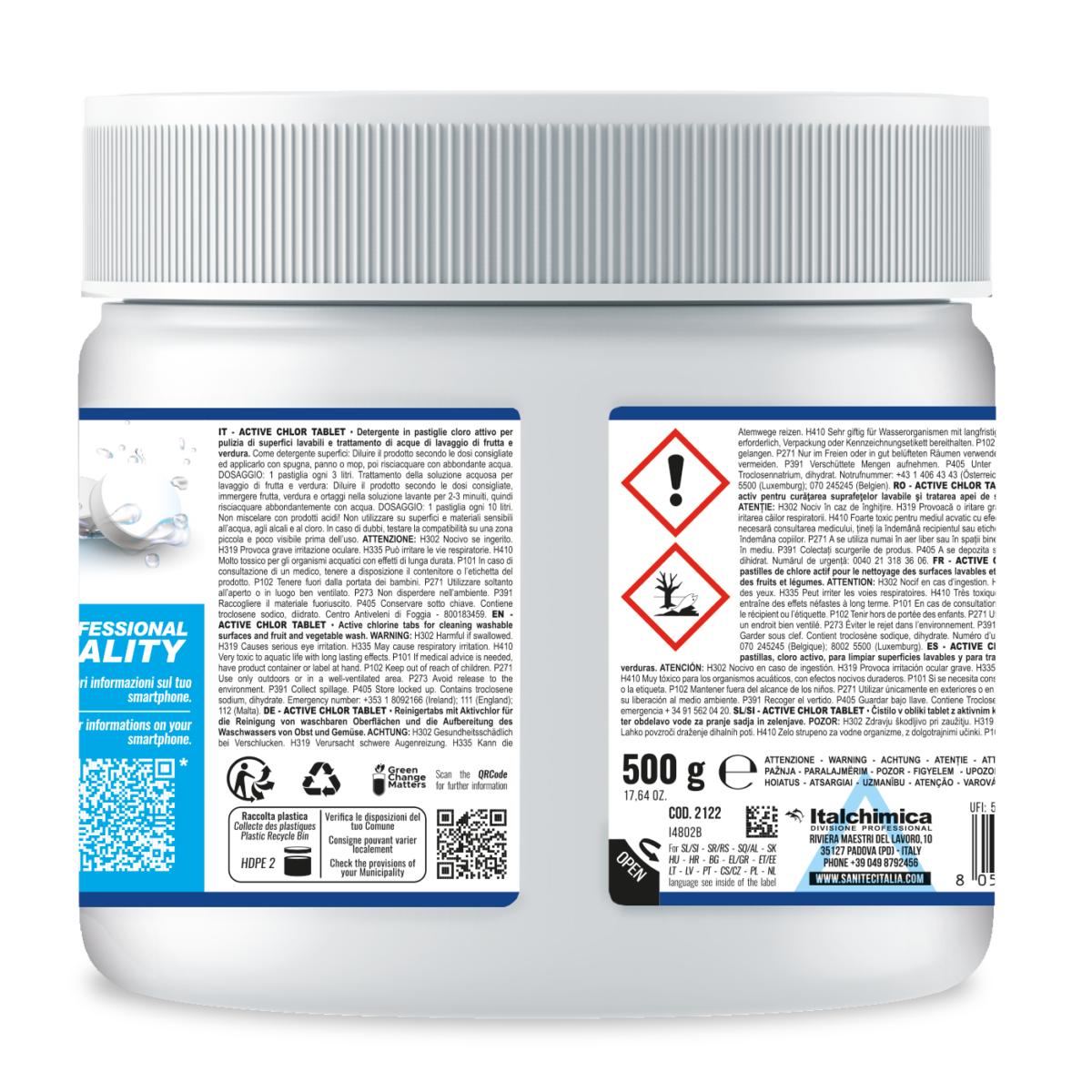 Retro flacone Active Chlor SANITEC con ingredienti e modalità d'uso 150tablet