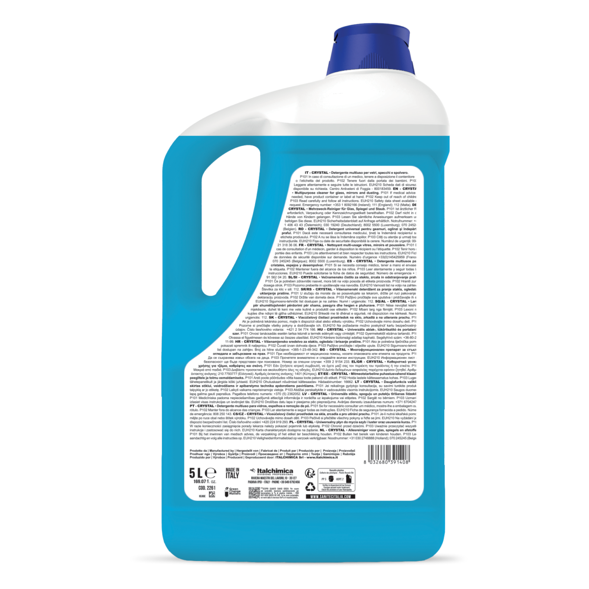 Retro flacone Crystal SANITEC con ingredienti e modalità d'uso 5lt