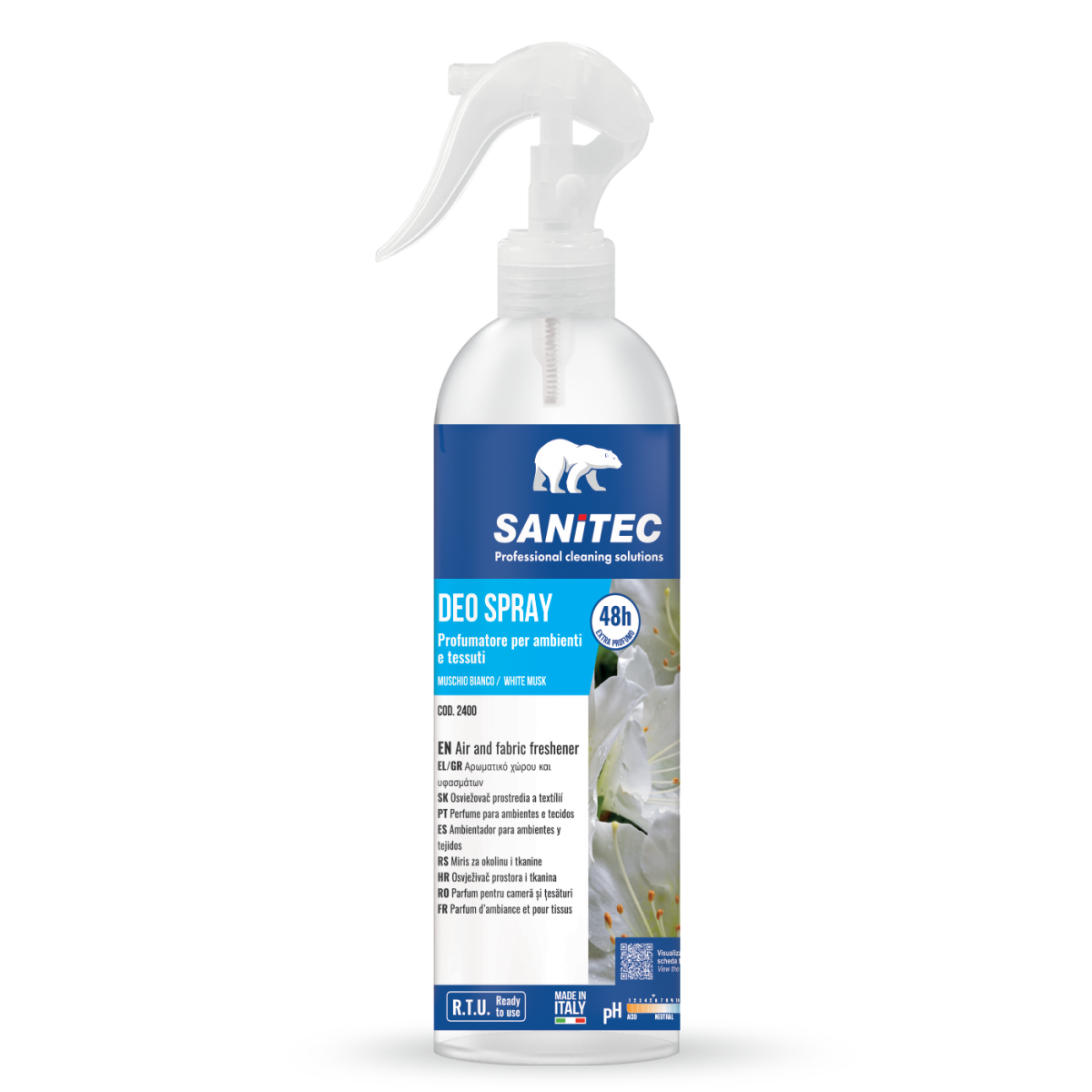Deo Spray SANITEC deodorante ambiente 48 ore efficacia muschio bianco