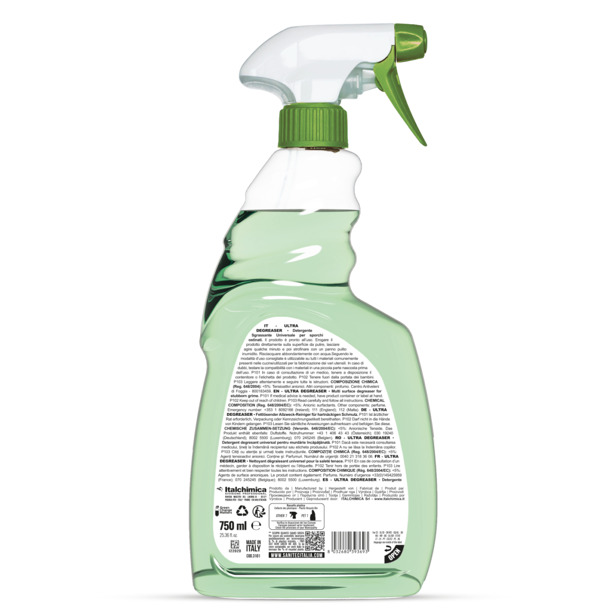 Retro flacone sgrassatore SANITEC con ingredienti e modalità d'uso ECOLABEL 750ML