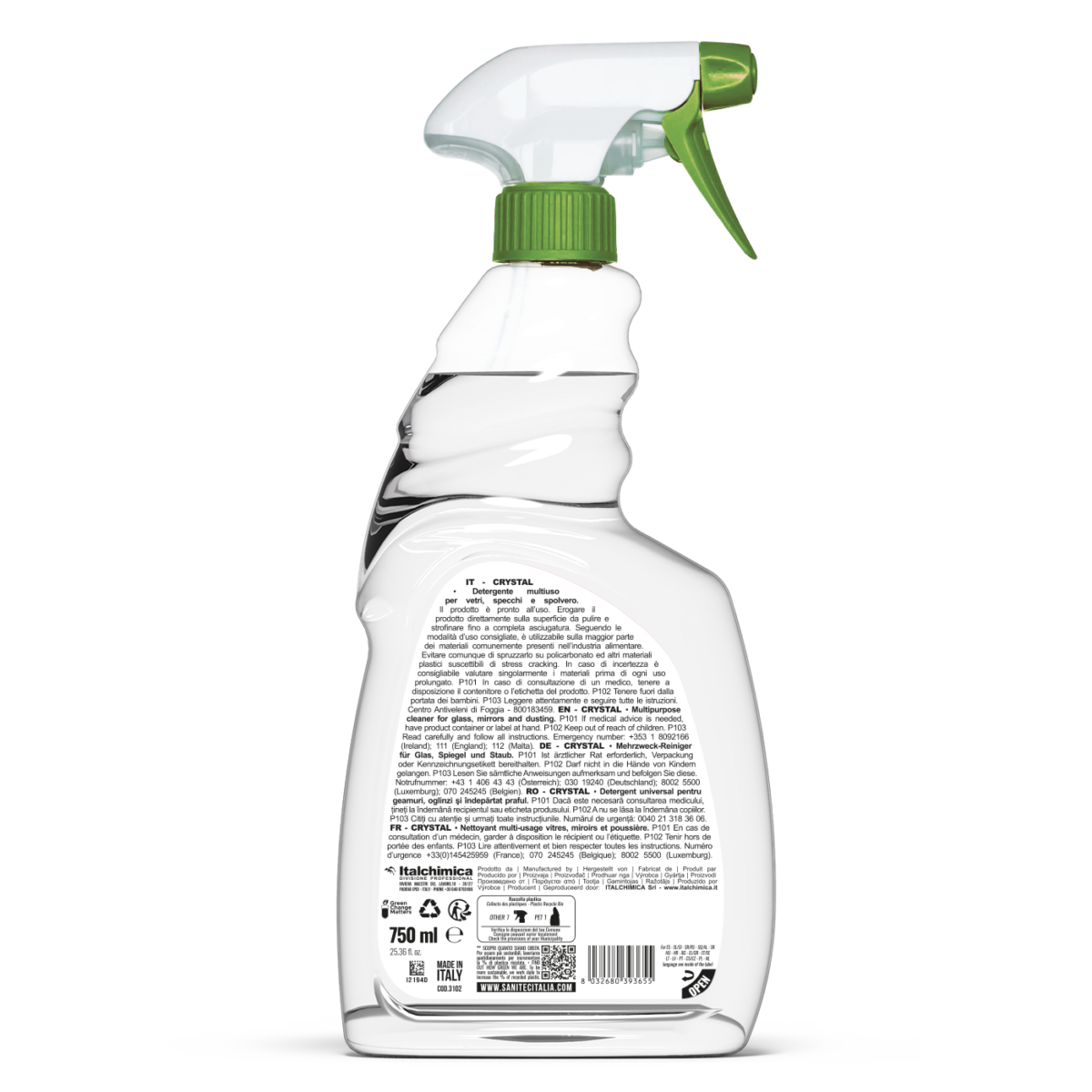 Retro flacone Crystal SANITEC con ingredienti e modalità d'uso