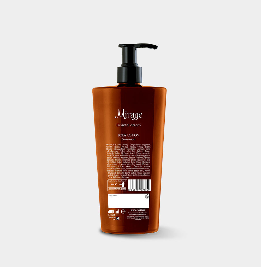 MIRAGE Body Lotion Oriental Dream Beauty Escape dispenser crema corpo linea cortesia hotel
