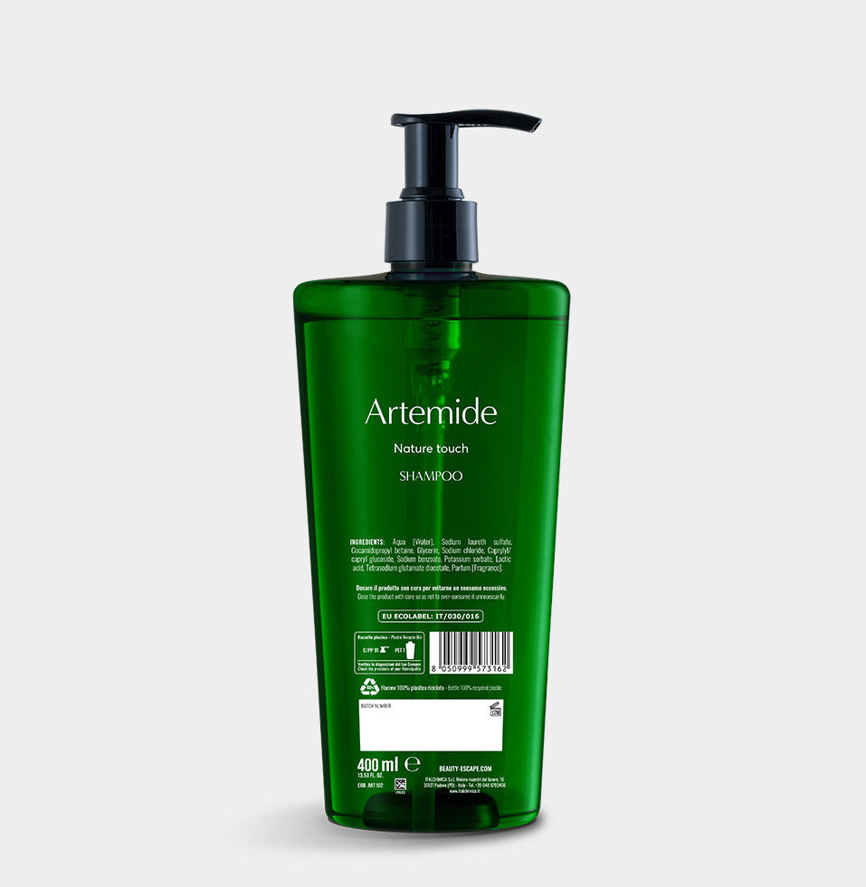 Retro flacone shampoo Artemide con ingredienti e certificazione ambientale