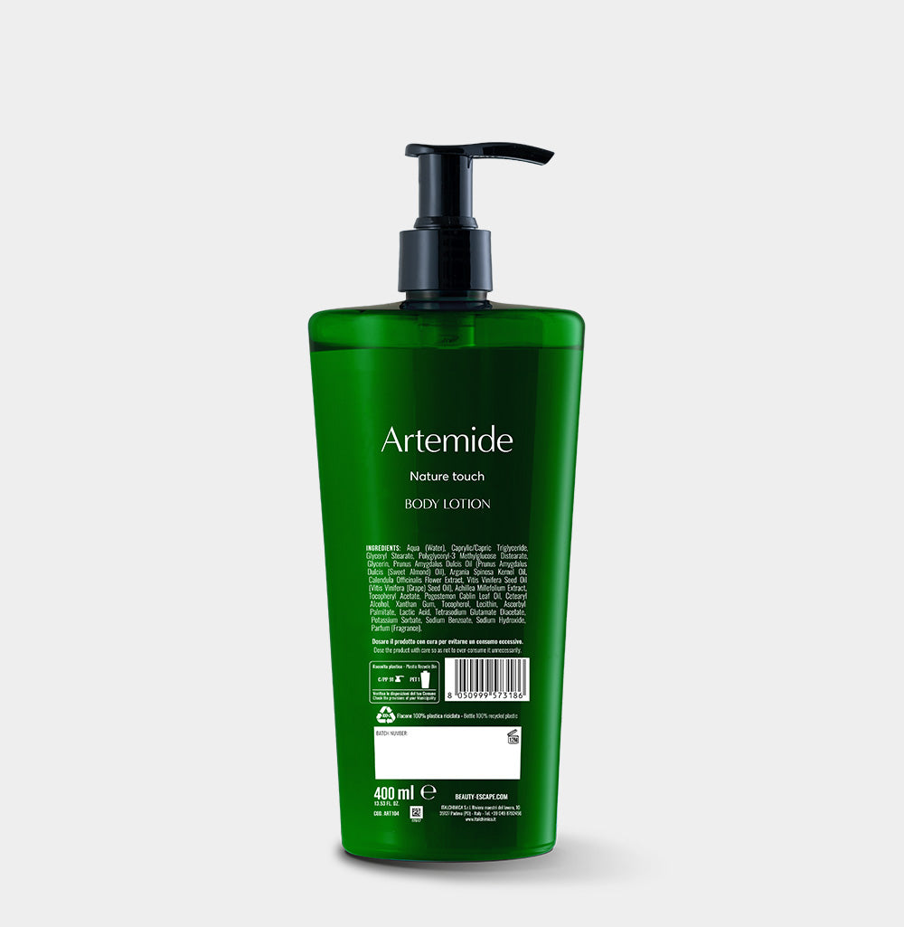 Retro flacone body lotion Artemide con ingredienti e certificazione ambientale
