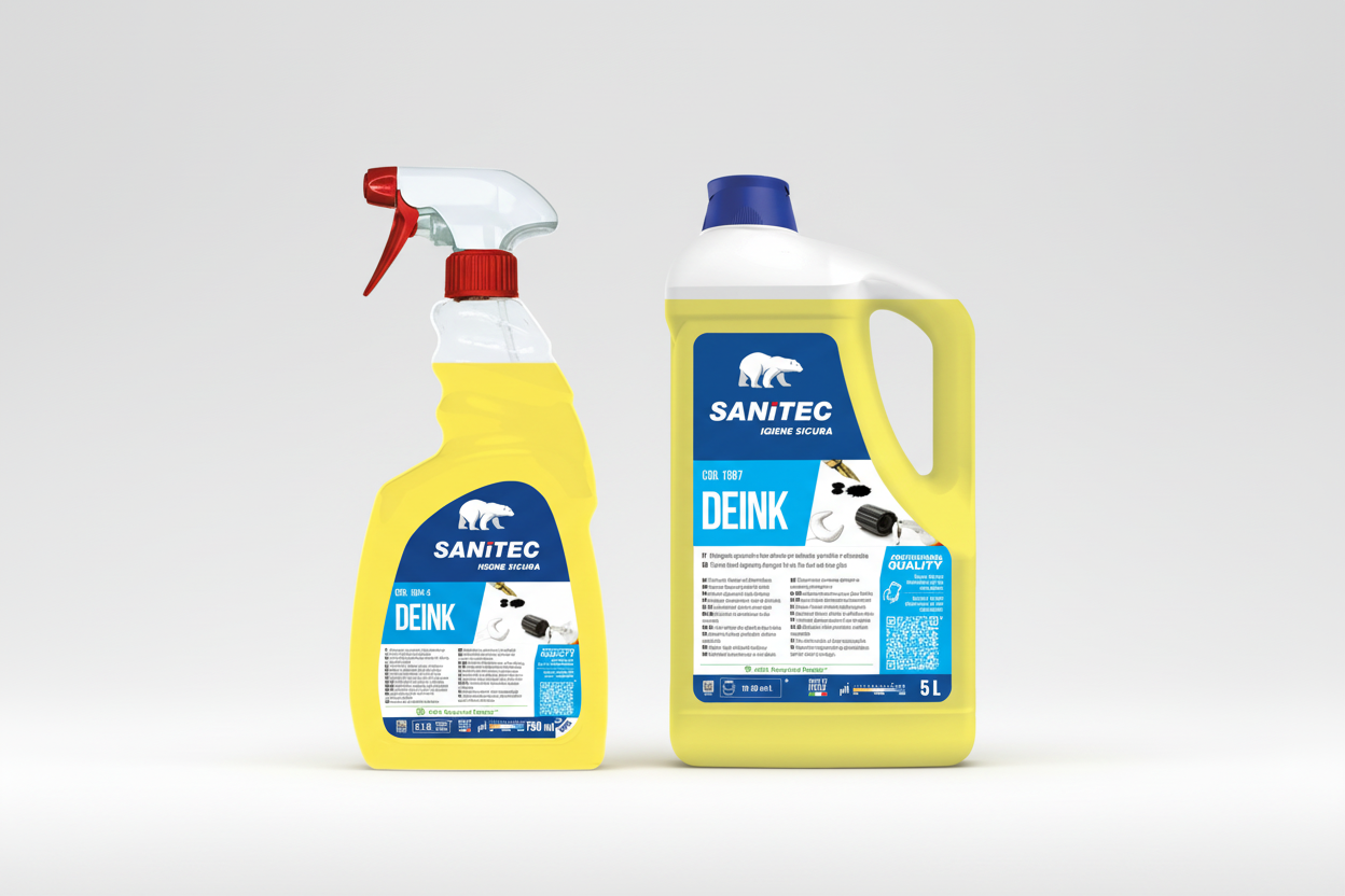 DEINK SANITEC formati 750ml e 5L su sfondo neutro