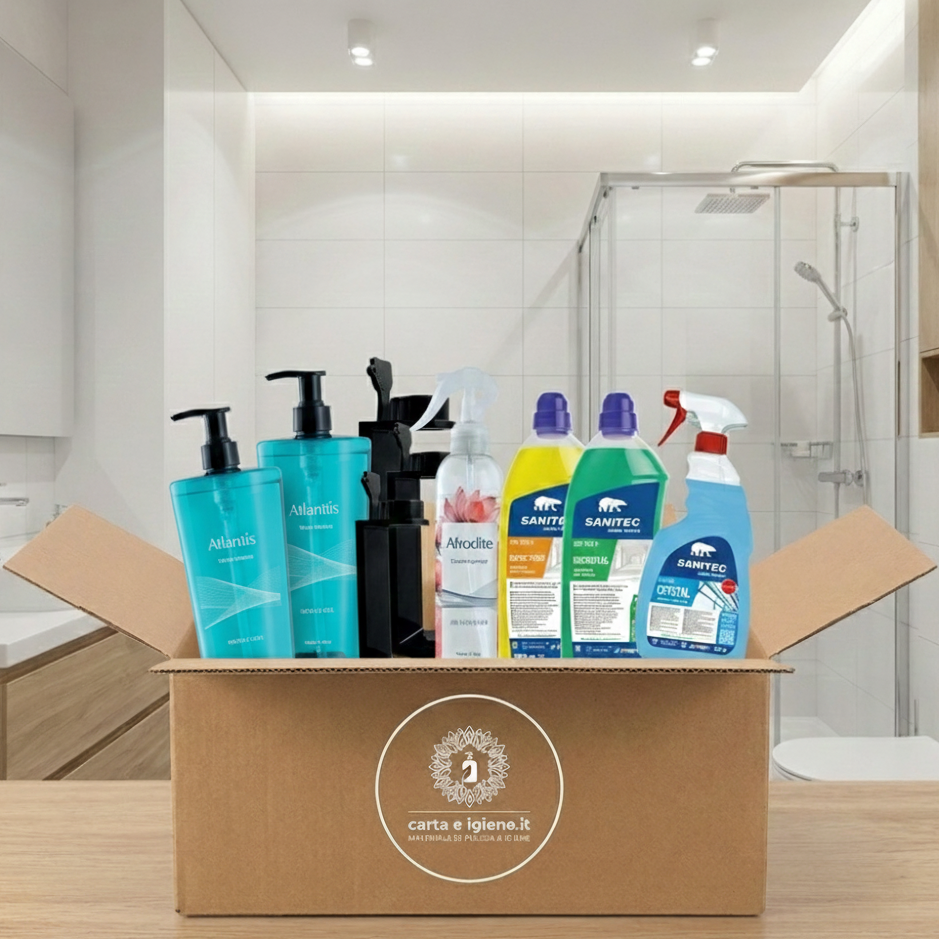 Kit cortesia bagno ATLANTIS Beauty Escape completo per hotel e B&B