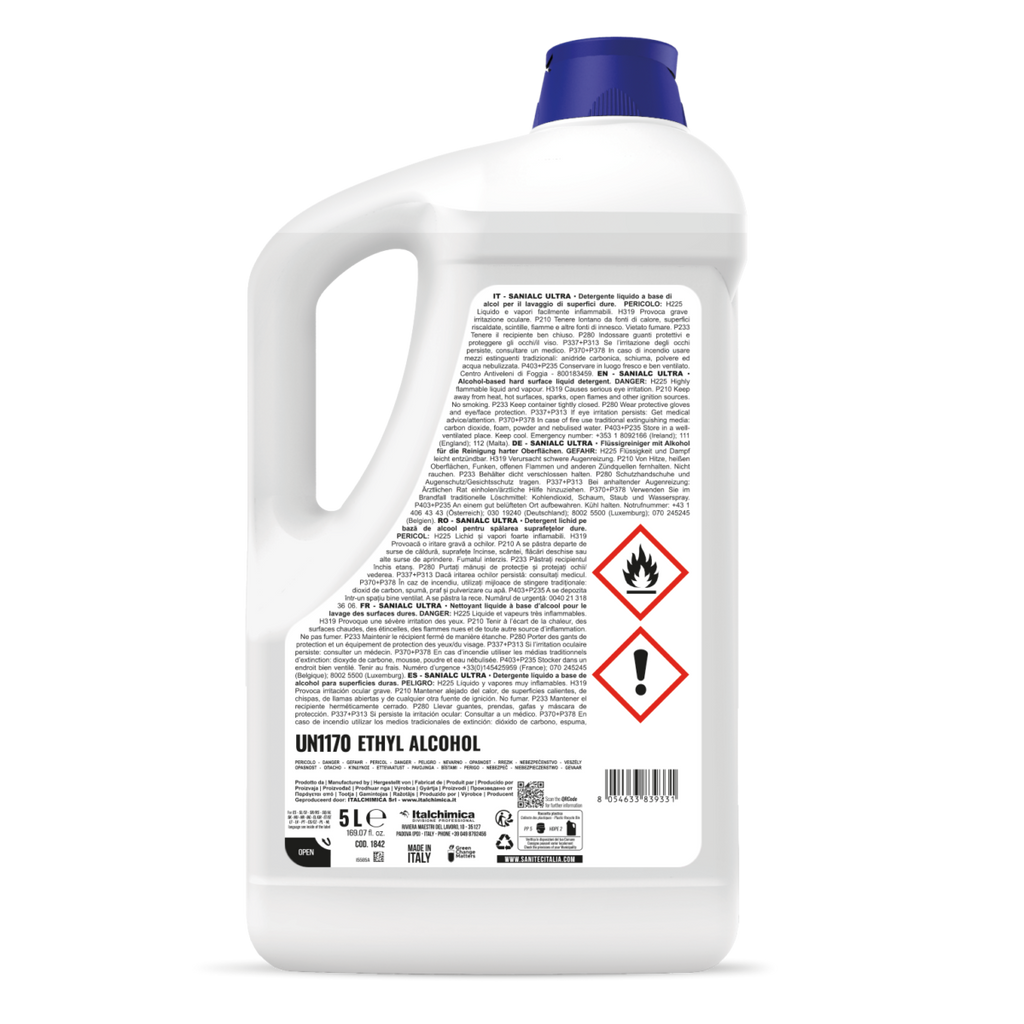 Retro flacone Sanialc Ultra SANITEC con ingredienti e modalità d'uso 5lt