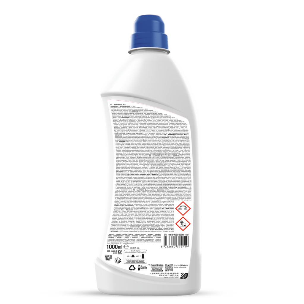 Retro flacone Bakterio SANITEC con ingredienti e modalità d'uso 1lt l