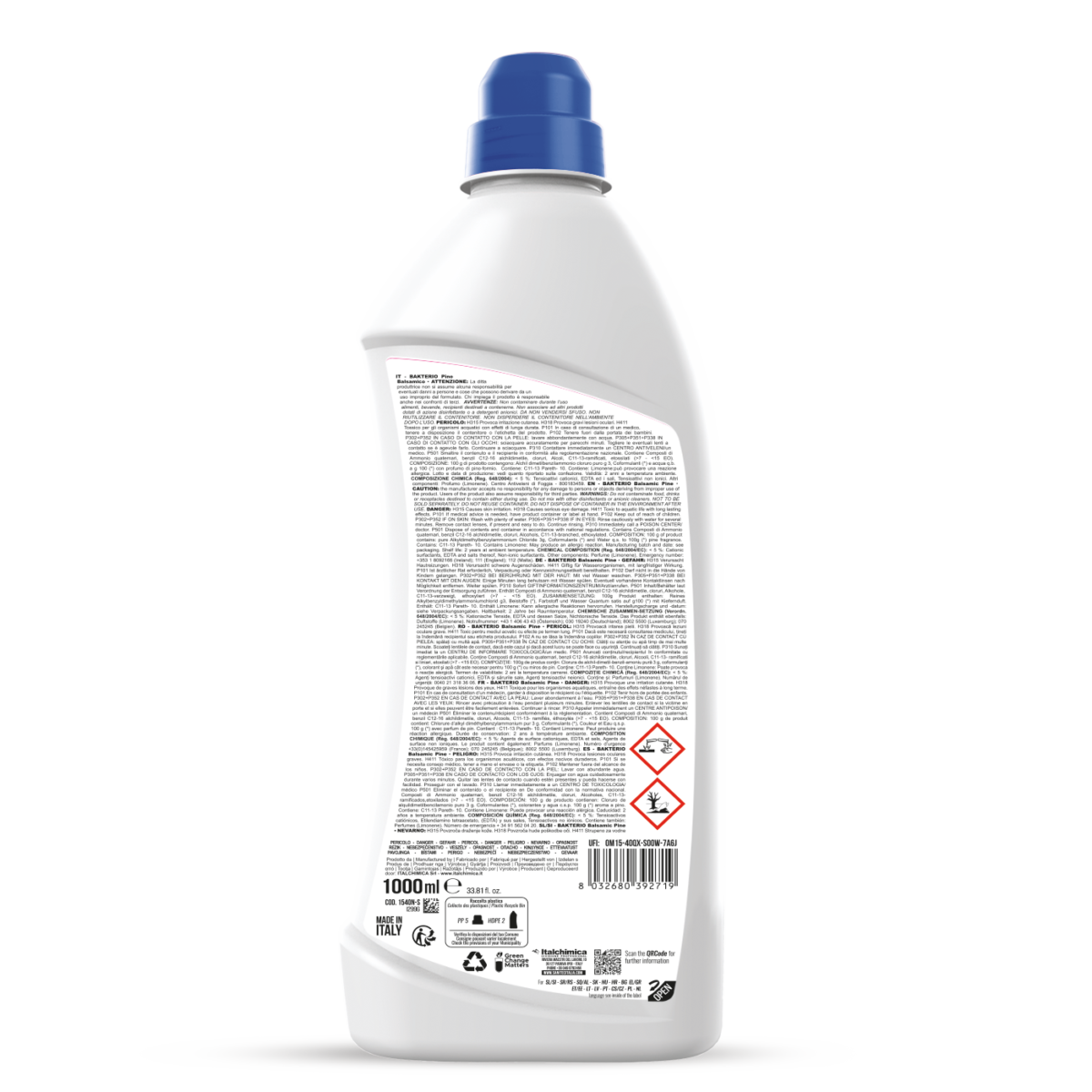 Retro flacone Bakterio SANITEC con ingredienti e modalità d'uso 1lt l