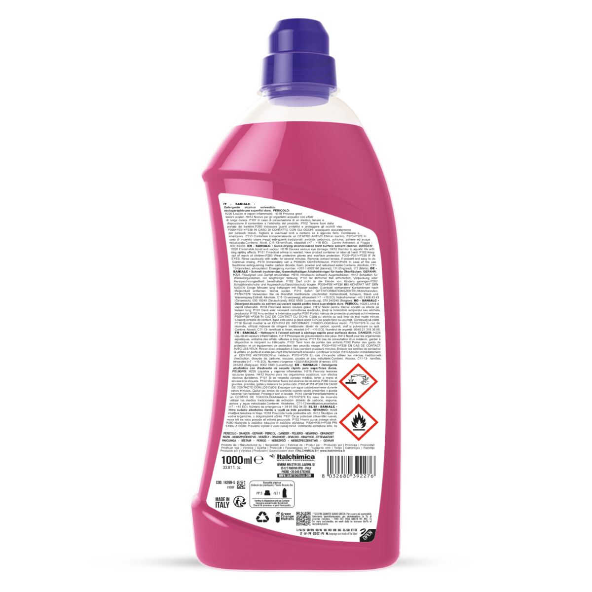 Retro flacone Sanialc SANITEC con ingredienti e modalità d'uso 1LT