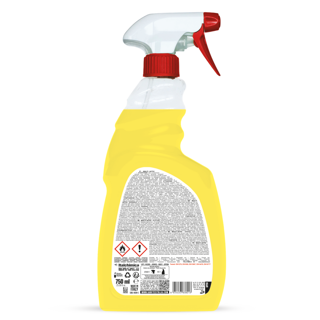 Retro flacone Multi Activ SANITEC con ingredienti e modalità d'uso CITRICO