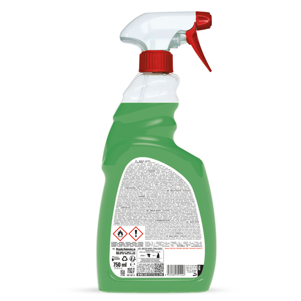 Retro flacone Multi Activ SANITEC con ingredienti e modalità d'uso HACCP