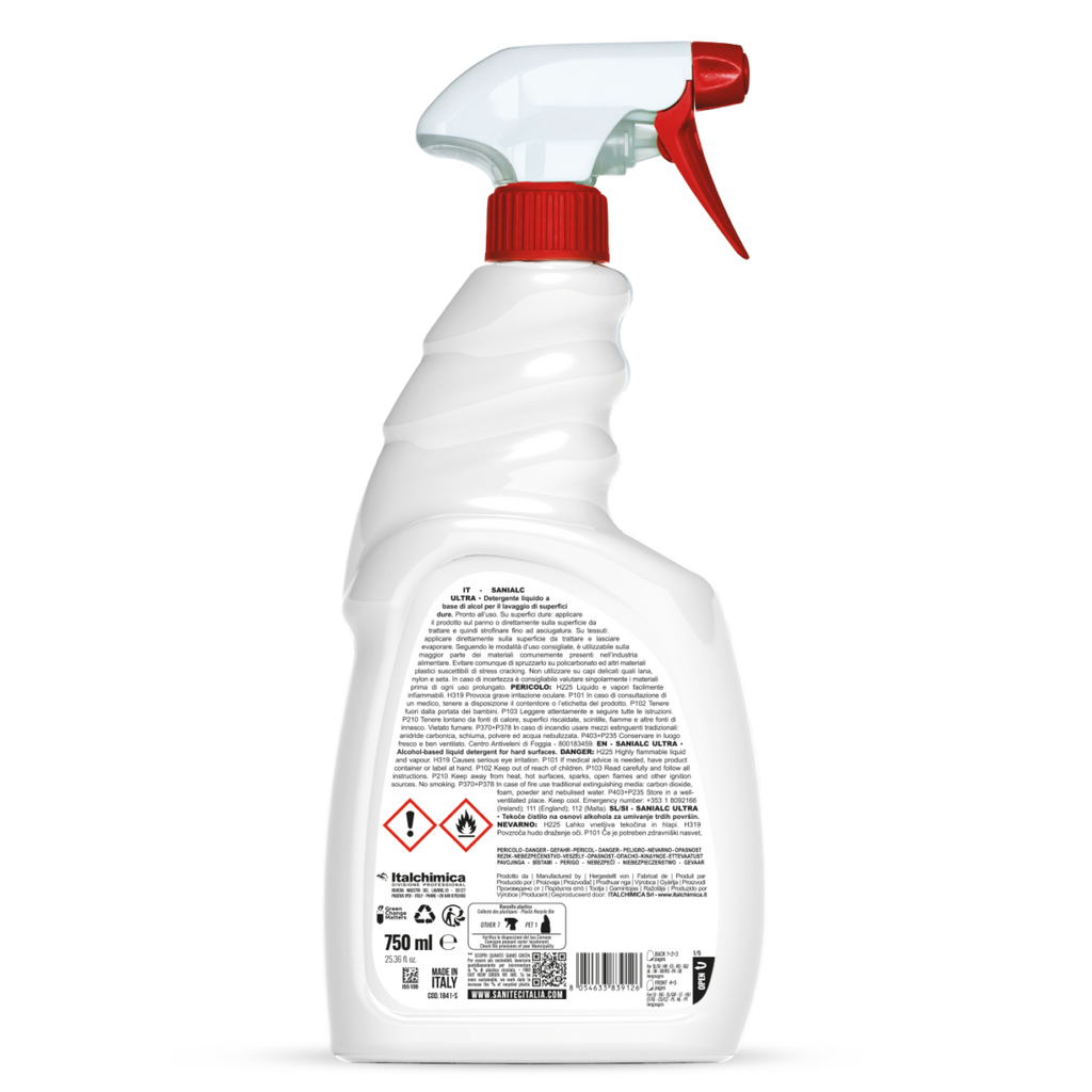 Retro flacone Sanialc Ultra 75% SANITEC con ingredienti e modalità d'uso 750ml