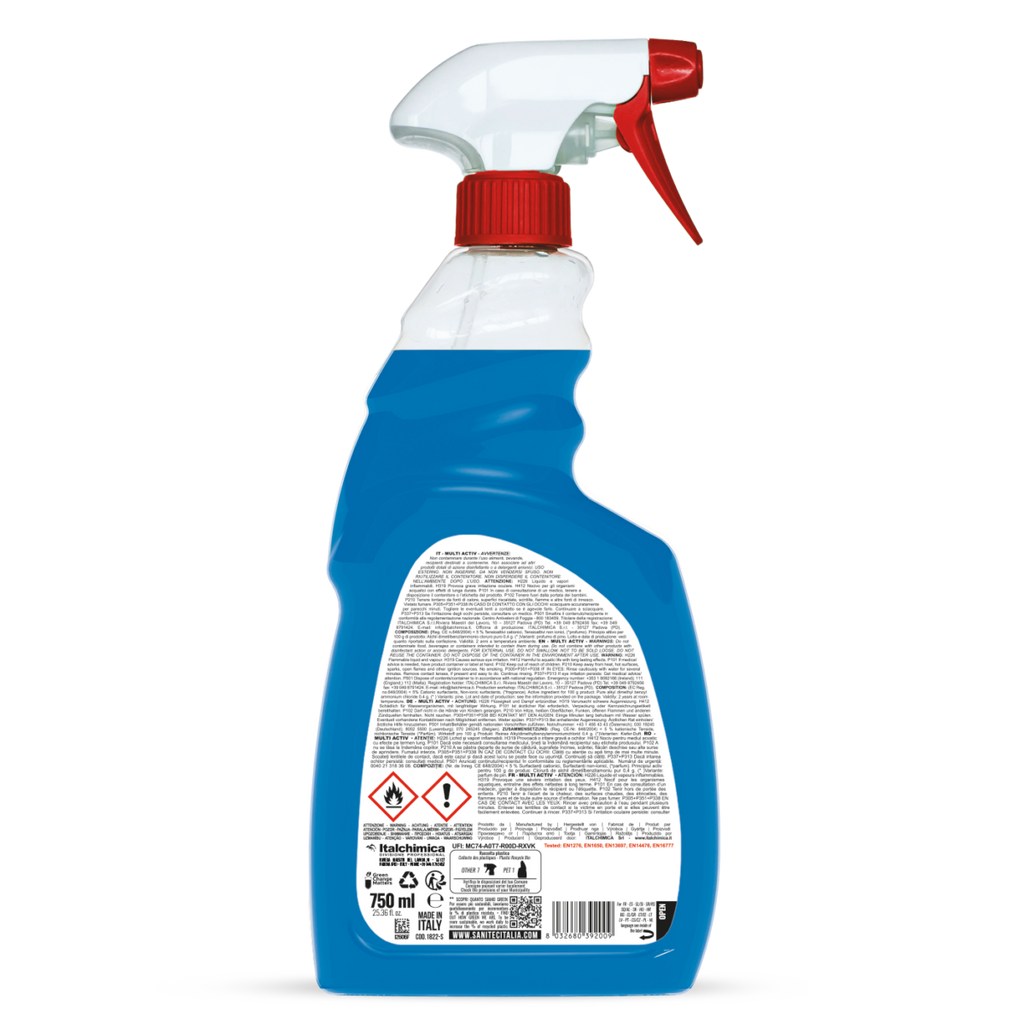 Retro flacone Multi Activ SANITEC con ingredienti e modalità d'uso BAGNO