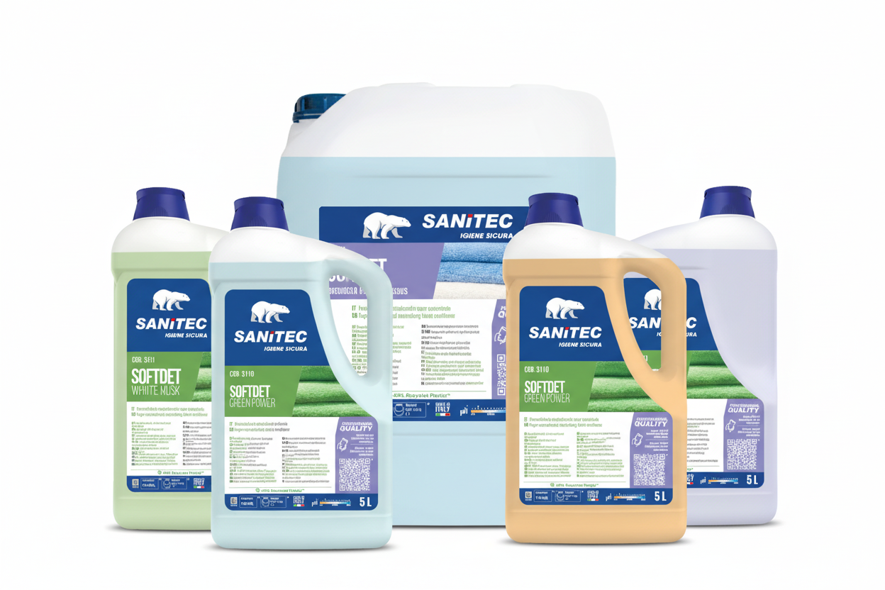 SOFTDET SANITEC - 5 profumazioni ammorbidente su sfondo neutro