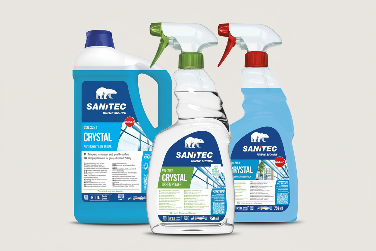 Tre prodotti SANITEC Crystal con spray azzurro a destra